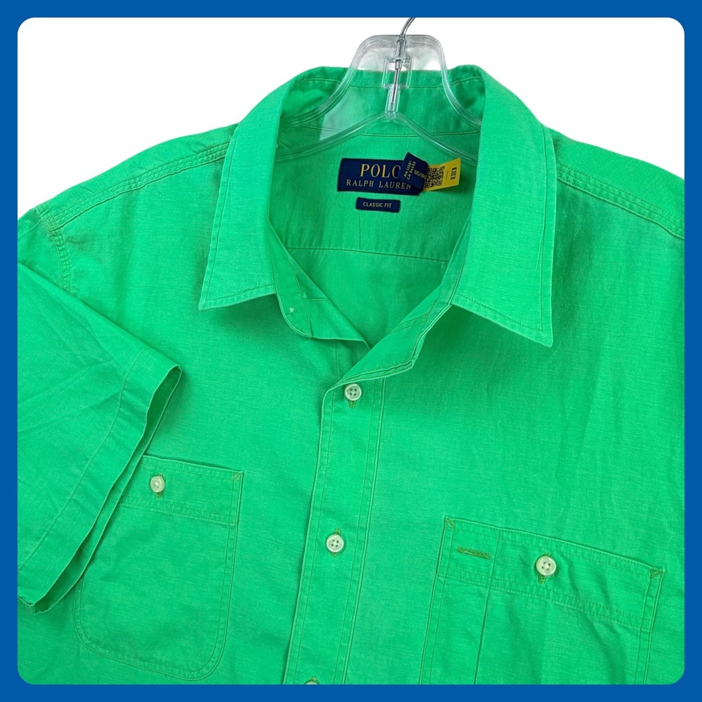 Polo Ralph Lauren Classic Fit Shirt Men XL Bright Green Cotton Pockets Preppy